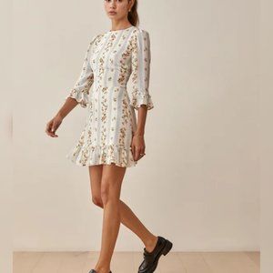 Reformation Doutzen Dress in Surrey White Blue Stripe Floral Print Mini